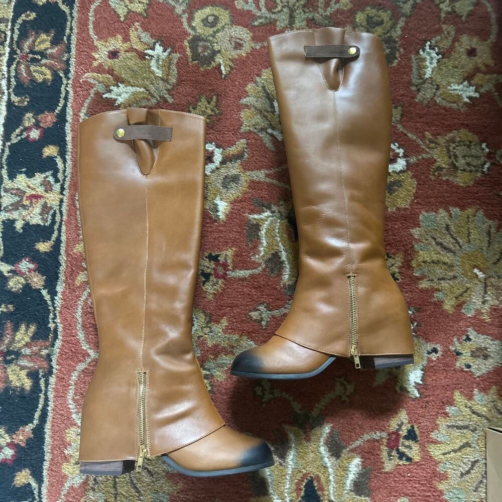 Joyfolie Frankie Boots Women's 9 brown leather knee high boots with gold zipper